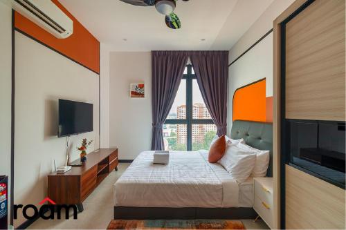 a bedroom with a bed and a large window at Neu Suites Residence Kuala Lumpur, Roam in Kuala Lumpur