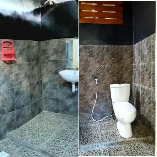 2 immagini di un bagno con servizi igienici e lavandino di Do it yourself Inn a Jimbaran