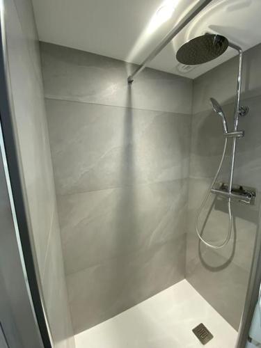 une salle de bain avec une douche avec pommeau de douche dans l'établissement Appartement atypique et fraîchement rénové, à Saint-Vallier