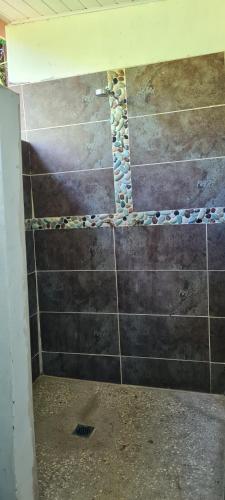 a bathroom with a shower with a stone wall at Stay at Eden on the River in Port Vila
