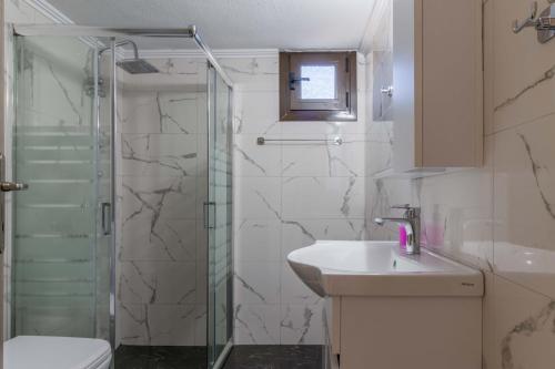 a bathroom with a shower and a sink and a toilet at Seaside Serenity Suite in Loutra in Káto Almirí