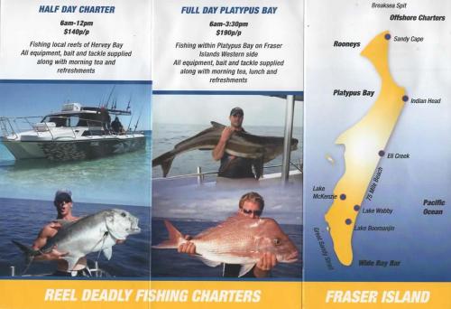 a brochure for a fishing charter with fish and a boat at Gertrude Gypsy Wagon River Heads in River Heads