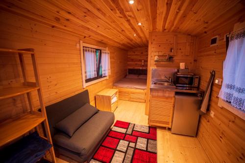 a room with a couch and a kitchen in a cabin at RED Tiny Houses in Voronet