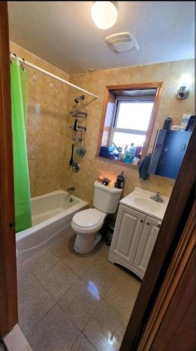 a bathroom with a toilet and a tub and a sink at Cozy large room in convenient location near Manhattan by train in Queens