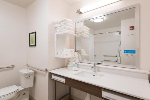 Hampton Inn and Suites Fayetteville, NC في فايتفيل: حمام مع حوض ومرحاض ومرآة