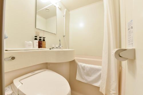 a bathroom with a toilet and a sink and a mirror at Kitami Plaza Hotel in Kitami