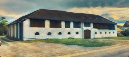 a painting of a white building in a field at Gästehaus Taschler Hof 