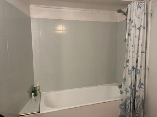 La salle de bains est pourvue d'une baignoire blanche et d'un rideau de douche. dans l'établissement Marvejol T2, à Toulouse