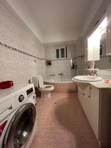 a bathroom with a washer and a toilet and a sink at MG Villa Rhodes in Kalithies