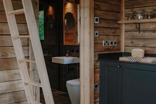 un baño con inodoro y lavabo en Woolly Wood Cabins - Bryn, en Llandrindod Wells
