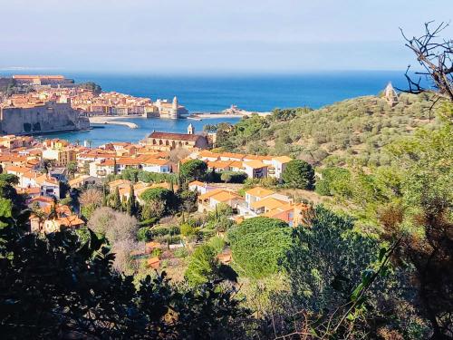 a view of a town on a hill with the ocean at Vue exceptionnelle sur la baie de Collioure in Collioure