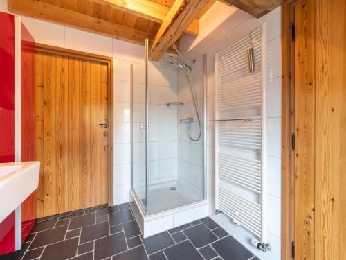 a bathroom with a shower and a glass shower stall at Holiday Home in Reest Valley near Forest & Pond in IJhorst