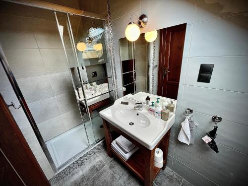 a bathroom with a sink and a shower at Apartamenty -Domki Istebna 1544 in Istebna