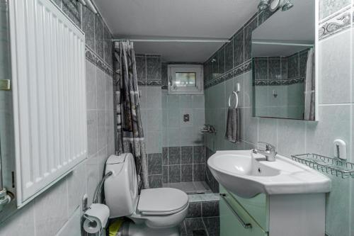 a bathroom with a white toilet and a sink at Ki &Ki apartments New Michaniona in Néa Michanióna