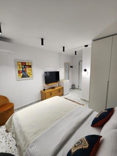 1 dormitorio con 1 cama grande y TV en Pietro Guesthouse 3 en Tirana