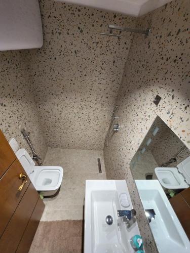 een badkamer met een wastafel en een toilet bij Pietro Guesthouse 3 in Tirana