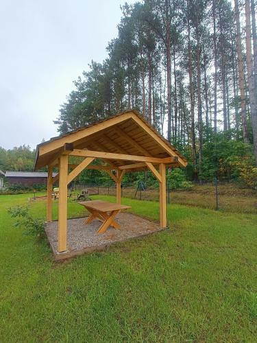 a picnic table with a wooden canopy in a park at Kaszubski dom pod lasem in Studzienice