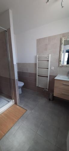 a bathroom with a shower and a toilet and a sink at Jolie maisonnette à proximité de toutes commodités in Saintes-Maries-de-la-Mer