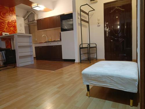 een woonkamer met een bed en een keuken bij Tree VI House in Roşu