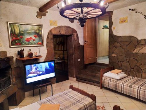 a living room with a tv and a stone wall at Inn Khlibodarskiy in Khlibodarske