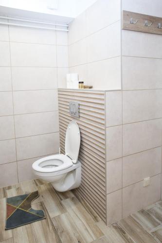 a bathroom with a toilet in a room at Madison Vendégház 1 in Kisvárda