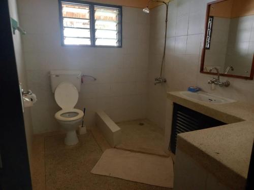a bathroom with a toilet and a sink and a mirror at Malaika Holiday Villas in Diani Beach