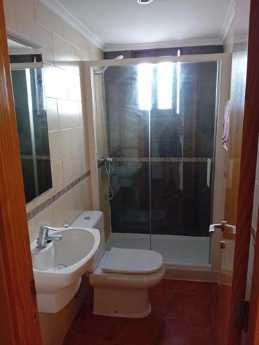 a bathroom with a toilet and a sink and a shower at Lovely y Cozy Apartments in Chulilla