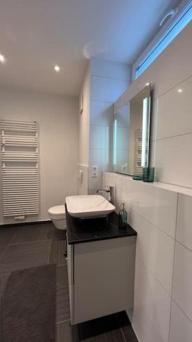 Un baño blanco con lavabo y espejo. en Gartenwohnung neben dem LKH, en Graz