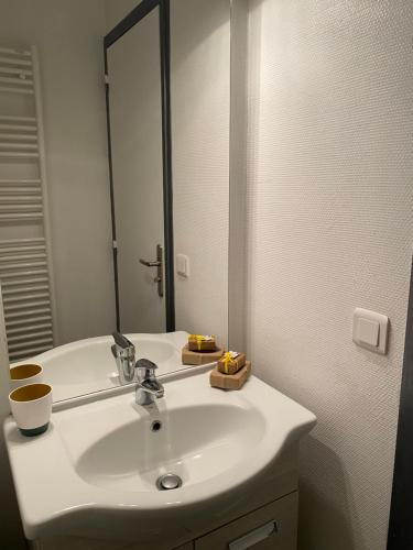 La salle de bains est pourvue d'un lavabo blanc et d'un miroir. dans l'établissement Cosy room chez l'habitant, à Montigny-le-Bretonneux