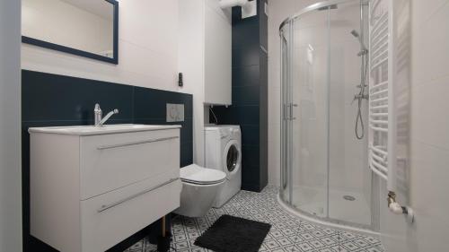 a bathroom with a sink and a toilet and a shower at Apartament Spokojna 18 in Wisła