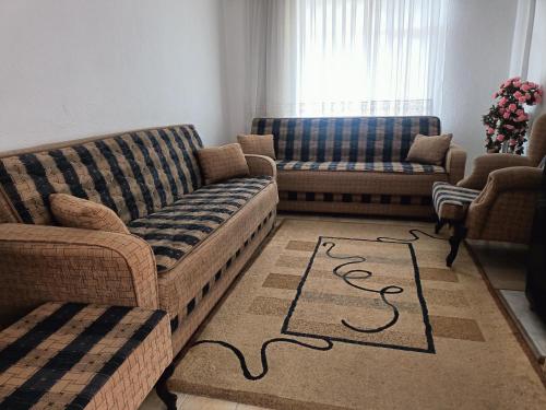 a living room with two couches and a rug at Bahçeli Ev Müstakil in Burhaniye