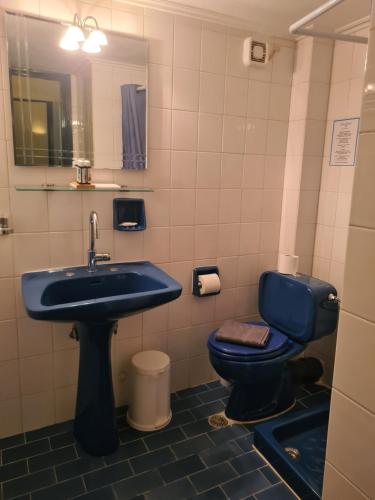 ein Badezimmer mit einem blauen WC und einem Waschbecken in der Unterkunft Greco Hotel in Hydra