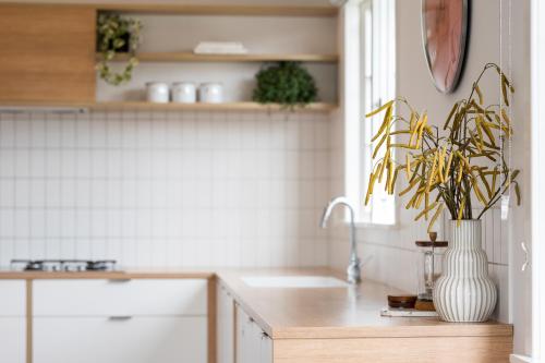 uma cozinha com um lavatório e um vaso com uma planta em The Blue House em Havelock North