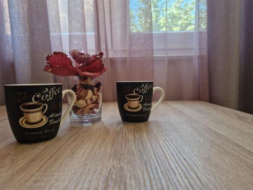 two coffee cups on a table with a vase with flowers at Sobe i apartmani Tena in Velika Gorica
