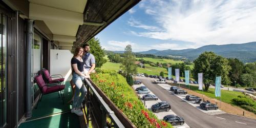 um homem e uma mulher de pé numa varanda com vista para uma estrada em Hotel Sonnenhof Lam em Lam