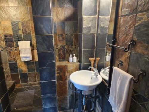 bagno con lavandino e pareti piastrellate di Six Valk Avenue Guest House a Johannesburg