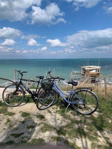 duas bicicletas estão estacionadas junto ao oceano em La Ritorna em Ortona