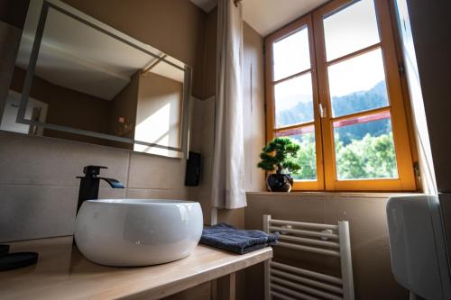 uma casa de banho com um lavatório, um espelho e uma janela em Gite Auberge Les Cascades em La Mongie