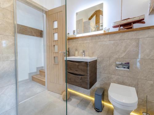 a bathroom with a toilet and a sink and a shower at The Ash Loft in Audlem