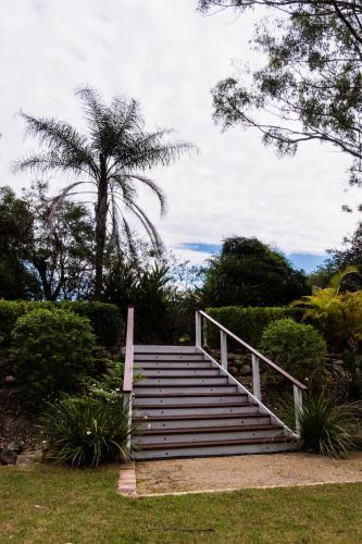 a set of stairs with a palm tree in the background at Lake Russell Lakeside Retreat in Emerald Beach