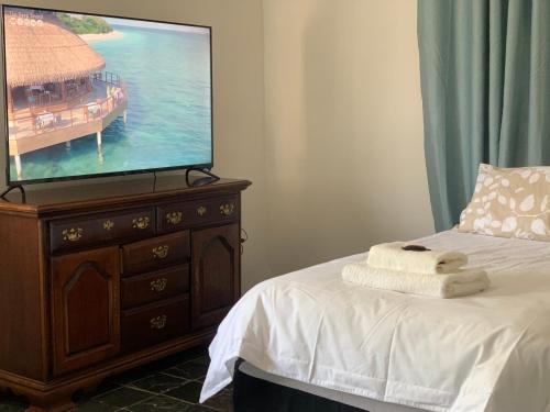 1 dormitorio con cama y vestidor con TV en The Vine Cottage at Viva Connect, en Cullinan