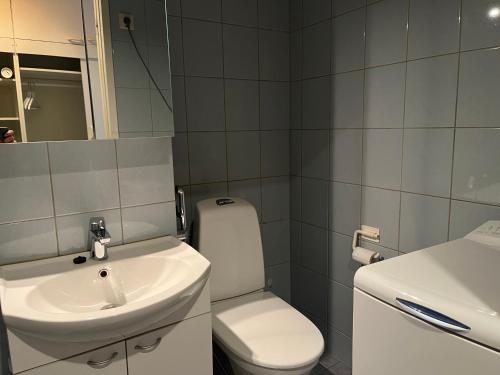 uma casa de banho com um WC branco e um lavatório. em Hilla Apartments em Rovaniemi