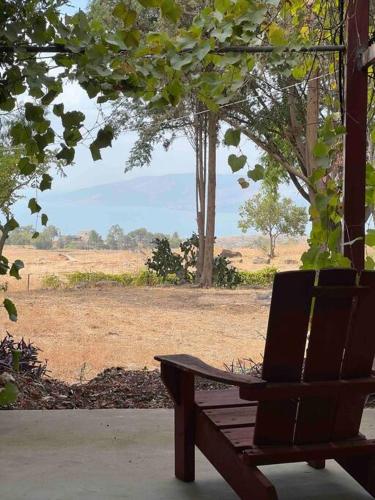 a wooden bench sitting in front of a field at Bed & Bread in Chorazim