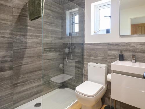 a bathroom with a toilet and a glass shower at Beck View in Norwich