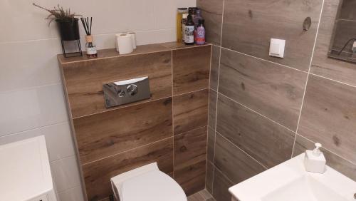 ジェシュフにあるApartament Black&Whiteのトイレと木製の壁のあるバスルーム