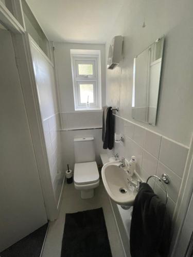 a white bathroom with a toilet and a sink at Garden flat in 'Little Chelsea' in Eastbourne