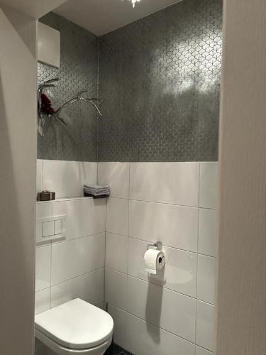 łazienka z toaletą i rolką papieru toaletowego w obiekcie Grossbergblick w mieście Filzmoos