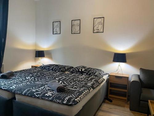 ein Schlafzimmer mit einem Bett und einem Sofa und zwei Lampen in der Unterkunft Černá růže - Apartmán 4 in Pilsen