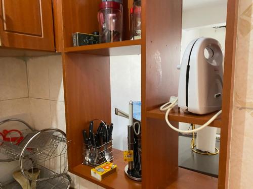 a kitchen shelf with a appliance on it at Pacho by Jay in Kisumu