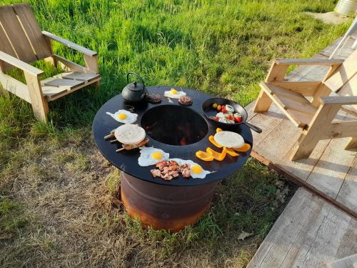 a barbecue in the grass with food on it at Kromven On Wheels in Merksplas